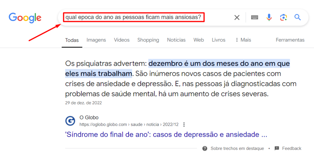 Imagem mostrando o resultado de uma da seguinte pesquisa no google: Qual época do ano as pessoas ficam mais ansiosas?